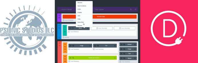 Psionic Studios logo with screenshot of Divi page builder and logo Psionic Studios logo with screenshot of Divi page builder and logo