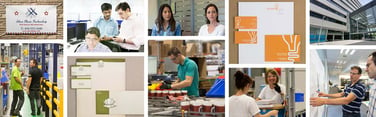 Collage of images showing various business products and people
