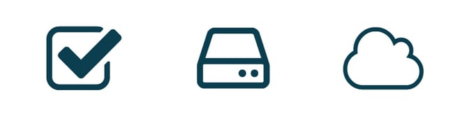 Icons depicting a check, file, and cloud