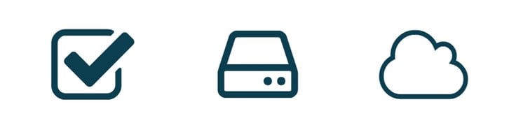 Icons depicting a check, file, and cloud