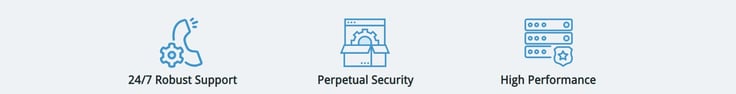 Logos representing support, security, and performance
