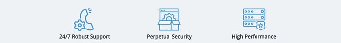 Logos representing support, security, and performance Logos representing support, security, and performance