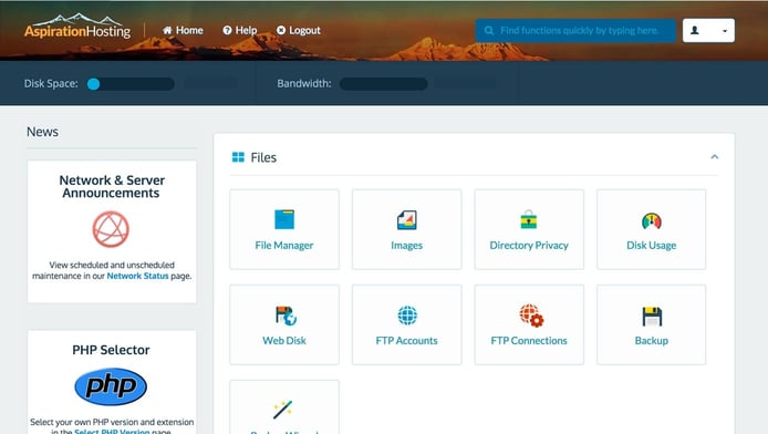Screenshot of Aspiration Hosting dashboard