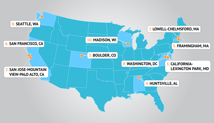 Map of the most tech-savvy cities in the U.S. Map of the most tech-savvy cities in the U.S.