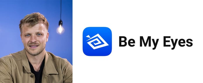 Alexander Hauerslev Jensen, CCO at Be My Eyes, and company logo Alexander Hauerslev Jensen, CCO at Be My Eyes, and company logo