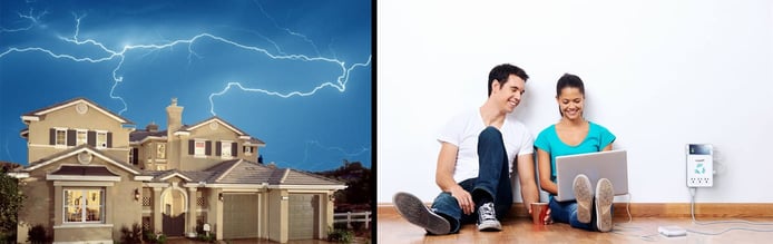 House hit by lightning and a couple enjoying electronic devices