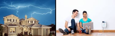 House hit by lightning and a couple enjoying electronic devices
