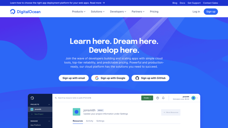Screenshot of DigitalOcean's cloud computing website