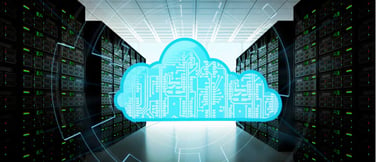 Image of server room with cloud graphic