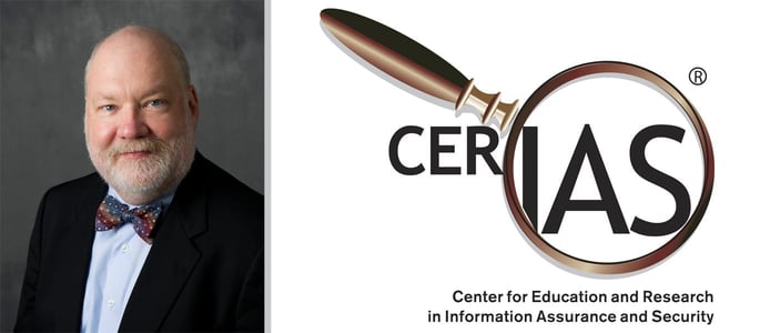 Gene Spafford, Executive Director Emeritus, and CERIAS logo Gene Spafford, Executive Director Emeritus, and CERIAS logo