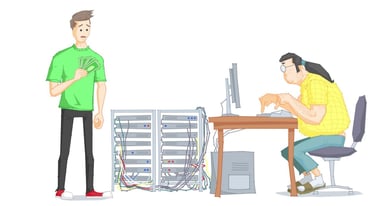 Graphic of website owner with a dedicated server technician