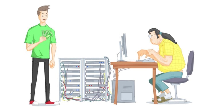 Graphic of website owner with a dedicated server technician Graphic of website owner with a dedicated server technician
