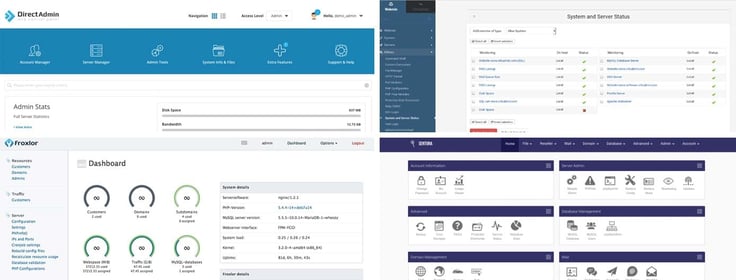 Screenshots of DirectAdmin, Webmin, Sentora, and Froxlor