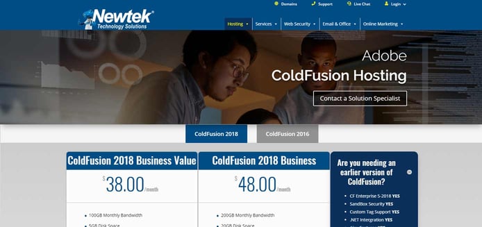 Screenshot of Newtek ColdFusion hosting page Screenshot of Newtek ColdFusion hosting page