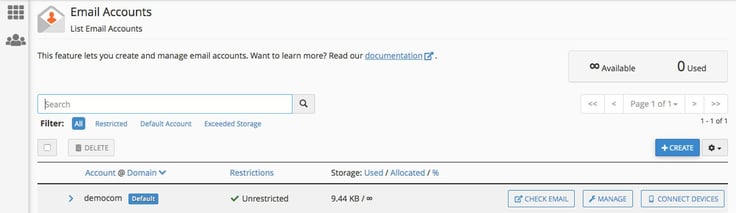 Screenshot of cPanel email accounts list