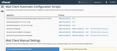 Screenshot of cPanel email client configuration scripts