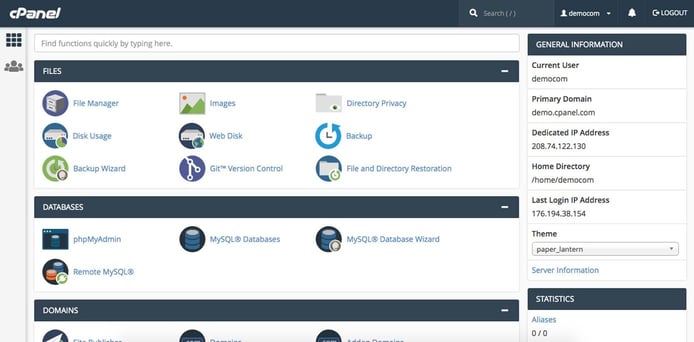Screenshot of cPanel dashboard