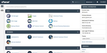 Screenshot of cPanel dashboard