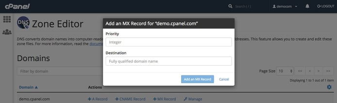 Screenshot of cPanel's DNS Zone Editor area