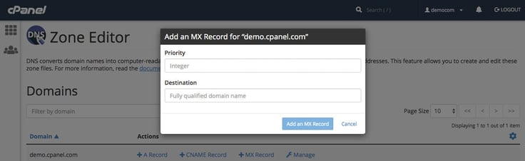 Screenshot of cPanel's DNS Zone Editor area