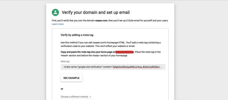 Screenshot of Google domain verification process
