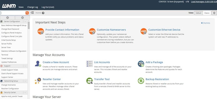 Screenshot of WHM dashboard