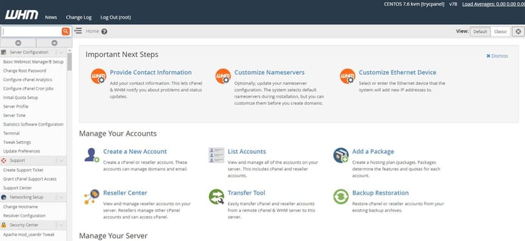 Screenshot of WHM dashboard