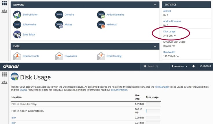 Screenshots of cPanel disk usage information