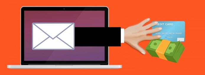 Illustration of a hand reaching out of a laptop toward money Illustration of a hand reaching out of a laptop toward money