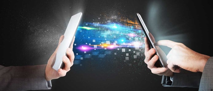 Illustration of data moving between two phones Illustration of data moving between two phones