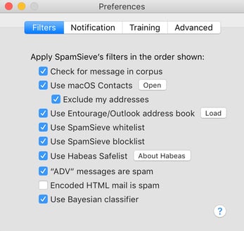 Screenshot of SpamSieve filtering preferences