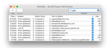 Screenshot of SpamSieve whitelist tool