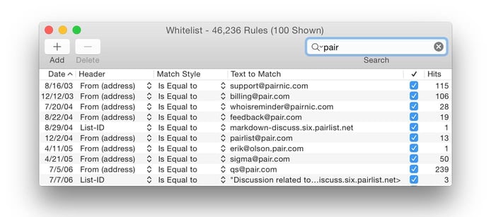 Screenshot of SpamSieve whitelist tool Screenshot of SpamSieve whitelist tool