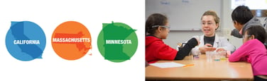 Graphics depicting locations in California, Massachusetts, and Minnesota, along with graphic of scientist with students