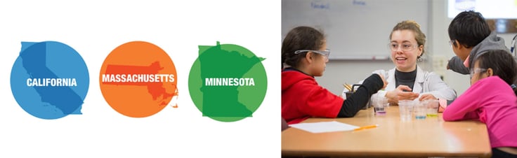 Graphics depicting locations in California, Massachusetts, and Minnesota, along with graphic of scientist with students Graphics depicting locations in California, Massachusetts, and Minnesota, along with graphic of scientist with students