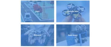 Product shots of Zumi, CoDrone Mini, CoDrone, and Rokit Smart