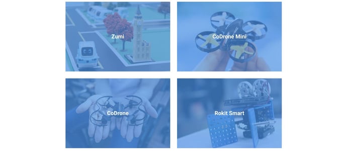 Product shots of Zumi, CoDrone Mini, CoDrone, and Rokit Smart Product shots of Zumi, CoDrone Mini, CoDrone, and Rokit Smart