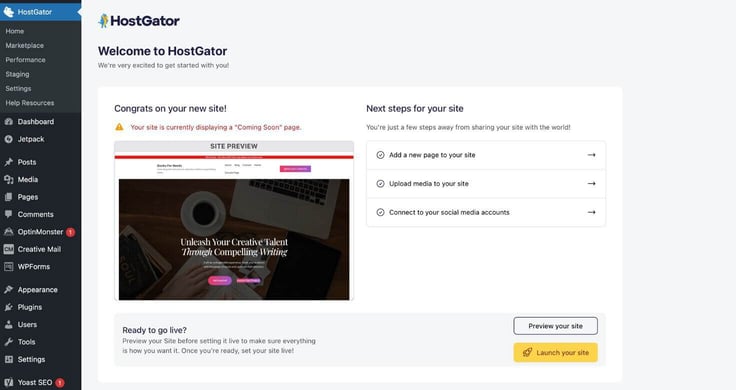 HostGator WordPress dashboard