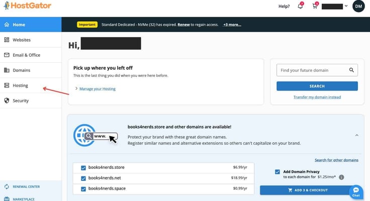 HostGator dashboard