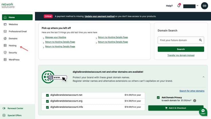 Network Solutions home dashboard Network Solutions home dashboard