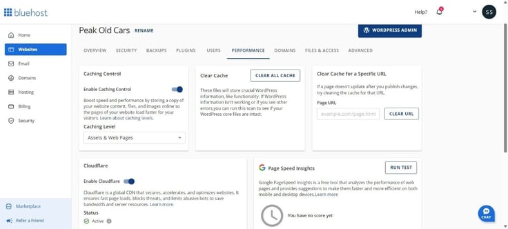Bluehost performance tab