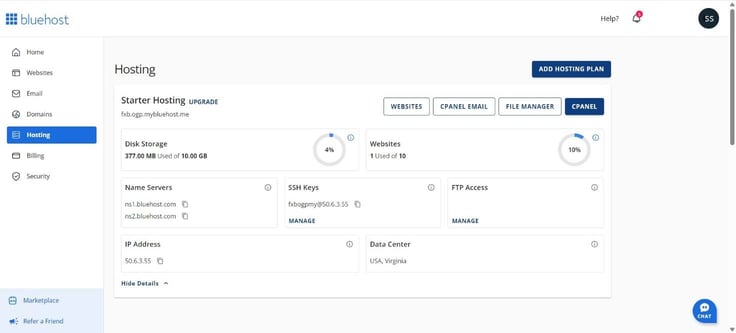 Bluehost dashboard starter plan 