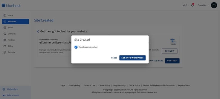 Bluehost WordPress install complete