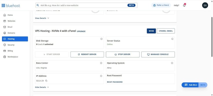 Bluehost vps dashboard