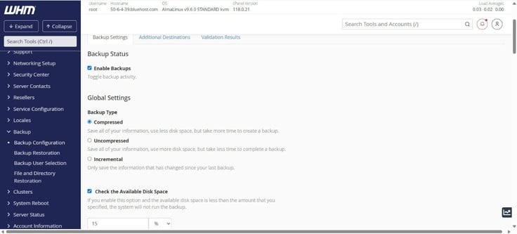 whm backups page