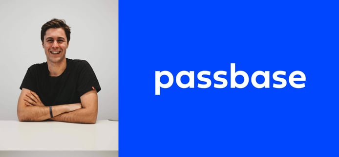 Founder Mathias Klenk and Passbase logo Founder Mathias Klenk and Passbase logo