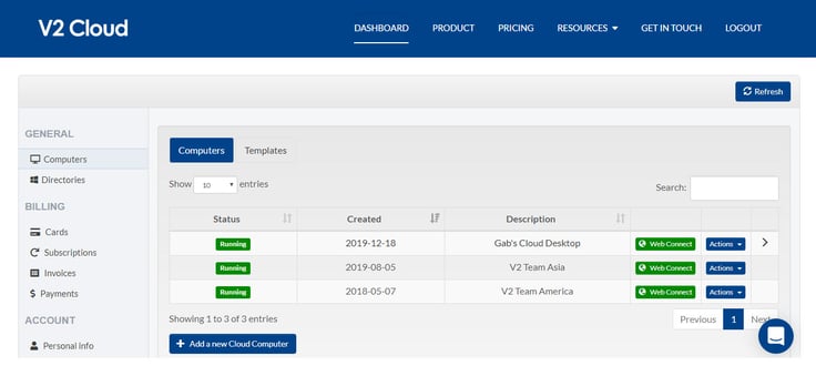 Screenshot of V2 Cloud dashboard