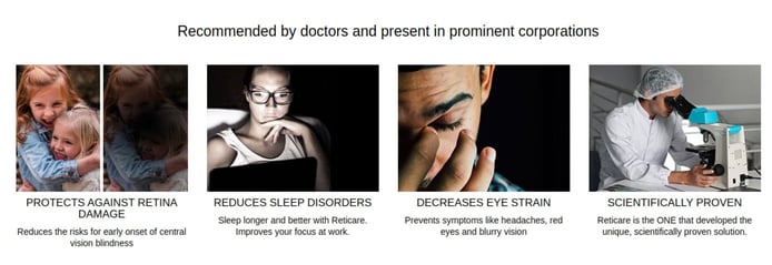 Graphics representing the benefits of Reticare Graphics representing the benefits of Reticare