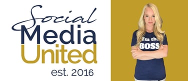 Social media United logo and photo of Rachel Petersen