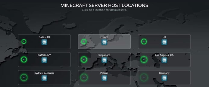 Screenshot of some BisectHosting server locations